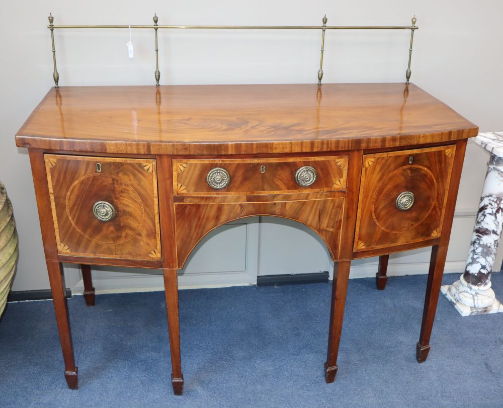 A George III inlaid mahogany bowfront sideboard, W.137cm, D.67cm, Height including rail 120cm